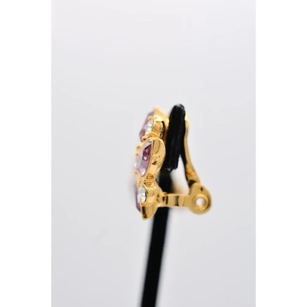 Monet Vintage Crystal Clip On Earrings Lavender Rhinestone Gold Signed 1980s 9E